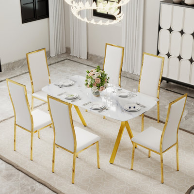 Ensemble de salle à manger rectangulaire moderne, table en verre marbré et chaises à haut dossier en polyuréthane 4/6, décorations pour le style restaurant / salle à manger