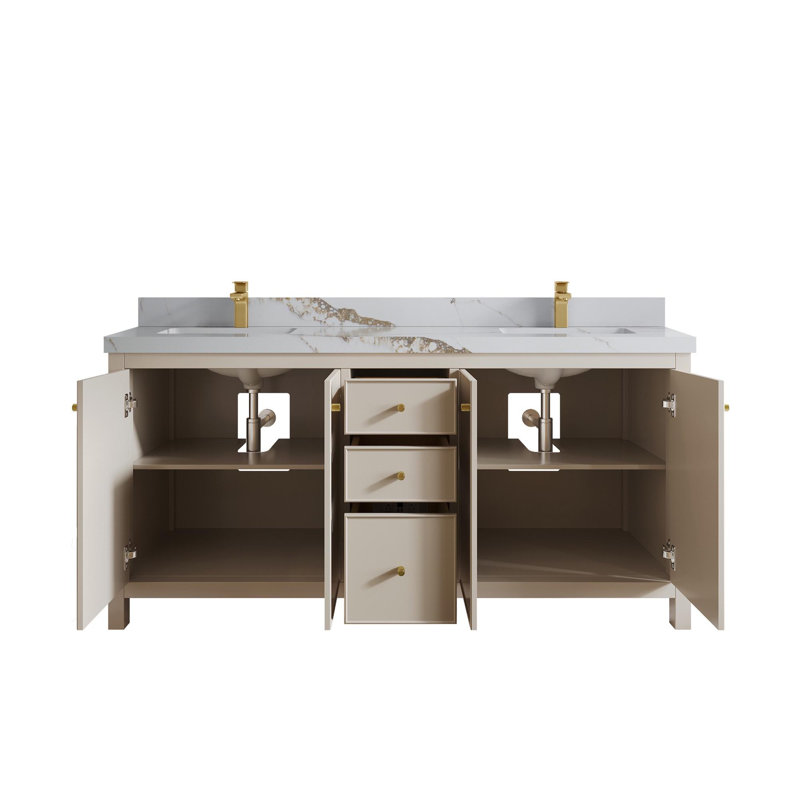 Meuble-lavabo double 72 po avec plateau Chicago, Or Calacatta