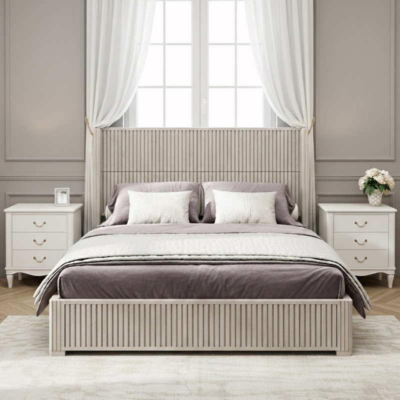 Queen Size Platform Bed With Headboard, Beige, Queen