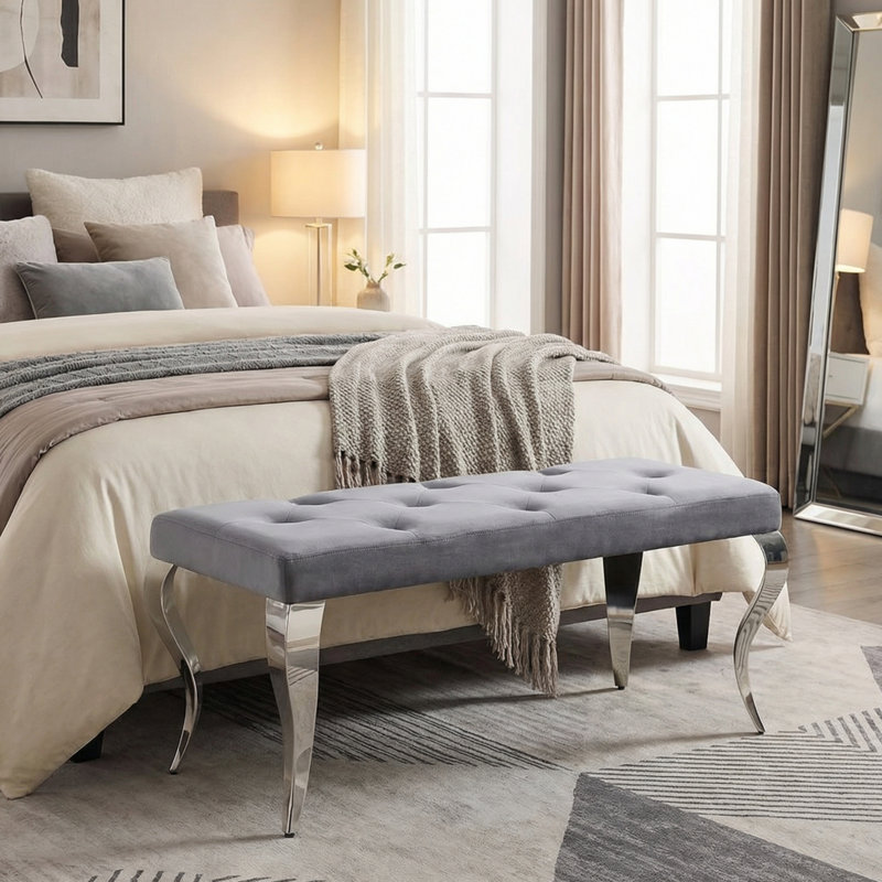 Banc rembourré en velours Genuta, Gris/argent