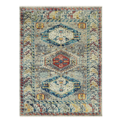 Wool Geometric Area Rug in Silver