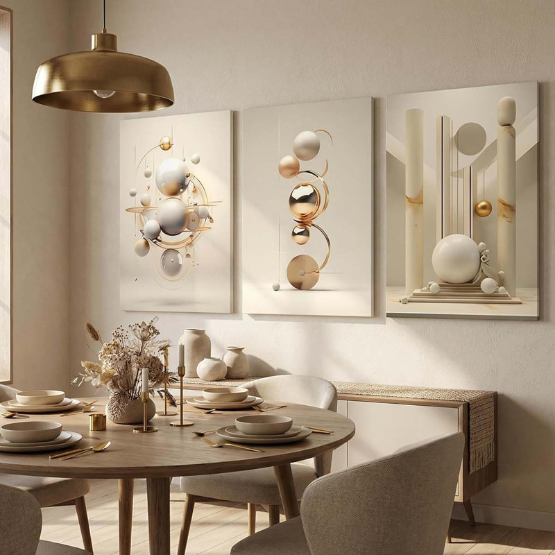 3Pcs Modern Three-Dimensional Geometric Spheres Canvas Wall Art Abstract Luxury Beige Wall Decor Pictures., 40" H x 90" W