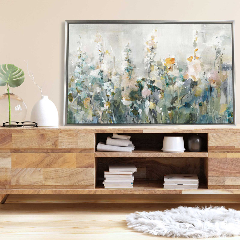Jardin rustique neutre - Peinture, L 63,5 po x H 39,5 po, Encadrement argenté