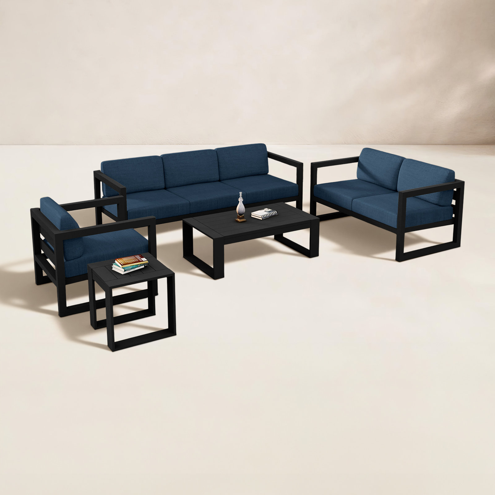 Smith 6-Person Sunbrella® Patio Seating Group, Spectrum Indigo Sunbrella®, Black