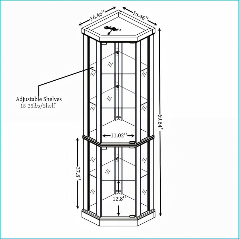 Cabinets: Vitrine de coin lumineuse avec tablettes réglables | Chêne clair | Bois aggloméré traditionnel + verre