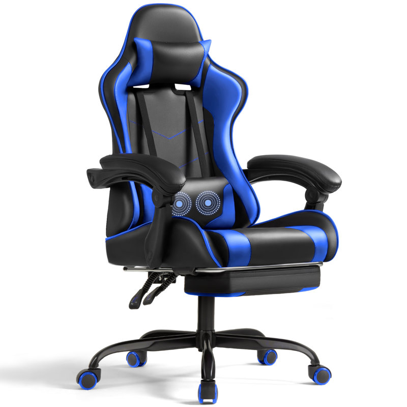 Adjustable Video Gaming Chair with Massage Swiveling PC & Racing Game Chair with Footrest, Black/Blue