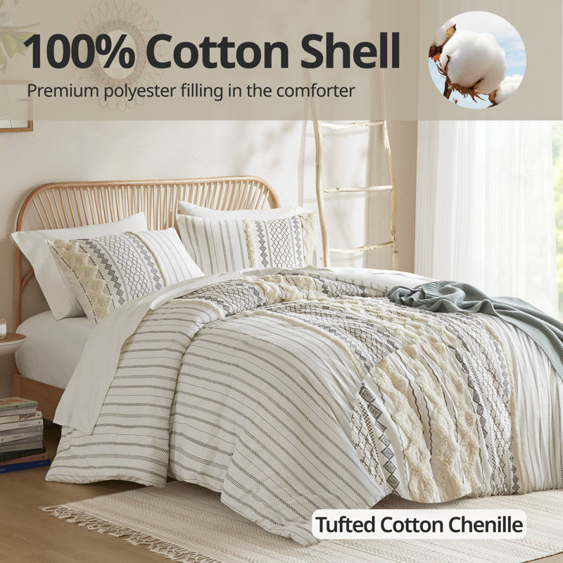 Imani Cotton Printed Duvet Cover Set, Full/Queen Duvet + 2 Standard Shams, Ivory
