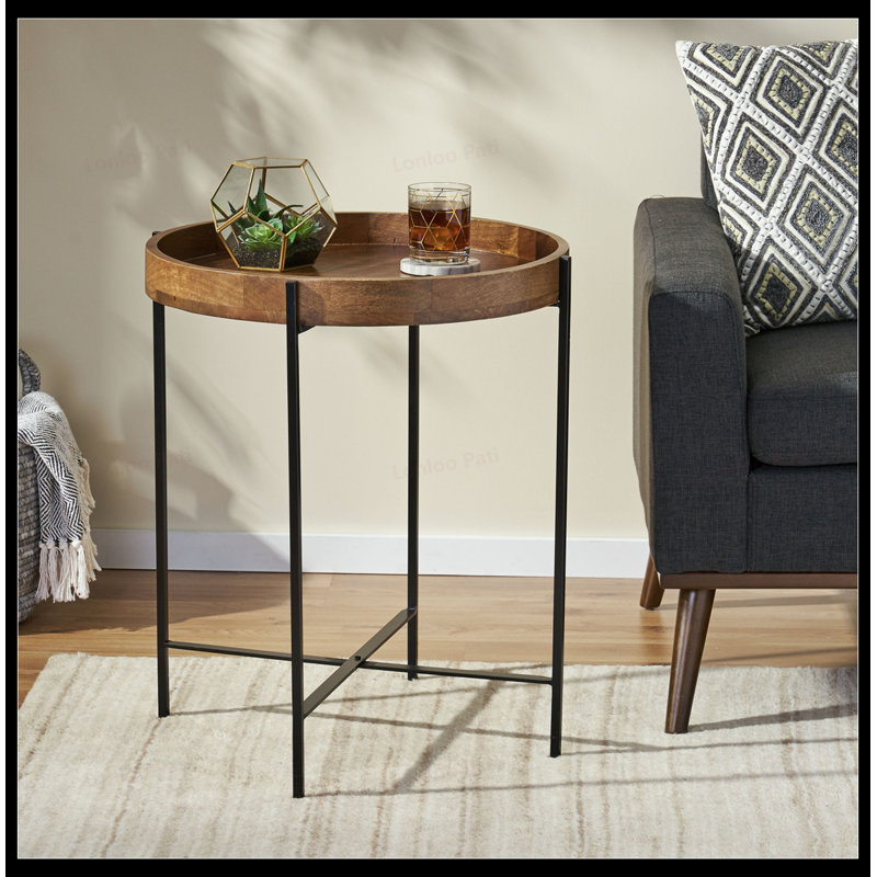 Round End Table with Foldable Iron Legs and Tray Top, Perfect for Modern and Space-Saving Interiors