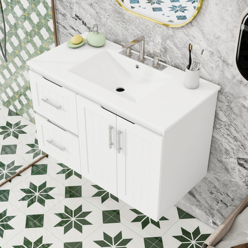 Meuble-lavabo mural avec lavabo en céramique, armoire de rangement flottante et 2 tiroirs à fermeture en douceur, Blanc