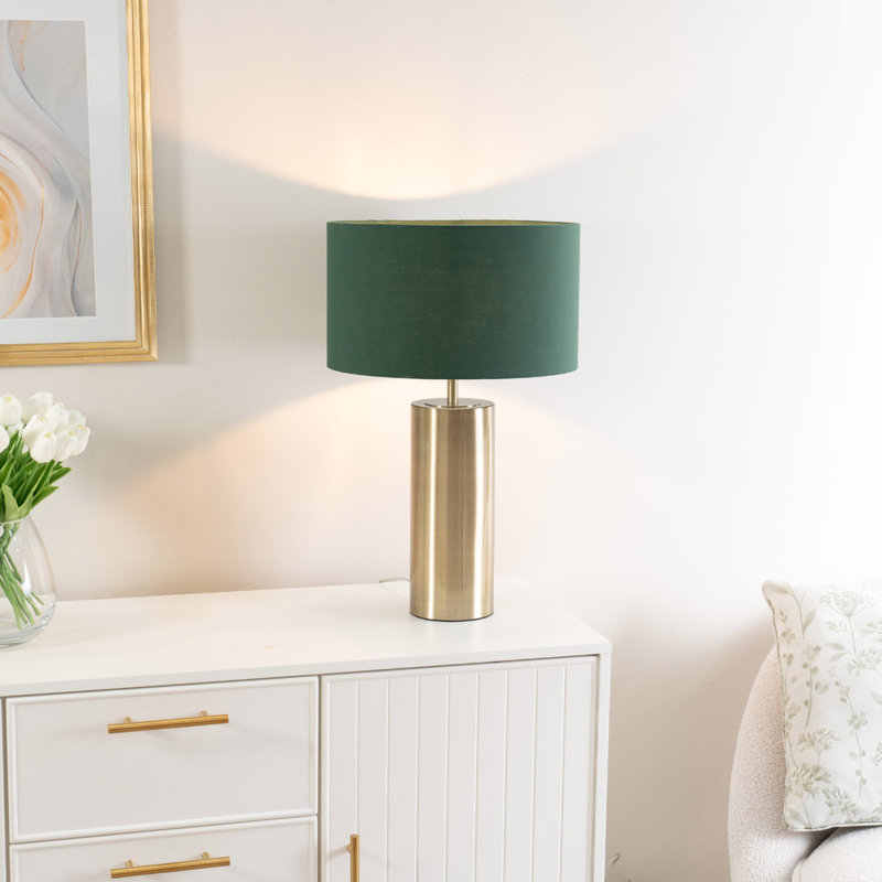 Lexy Fabric Drum Shade with Brushed Dimmable Touch Table Lamp with LED Bulb, Gold, Forest Green
