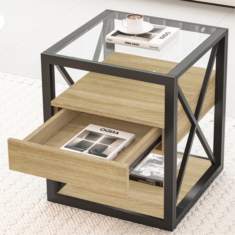 Ensemble de 2 tables de bout modernes avec tiroir - table de chevet pour chambre à coucher et salon, panneau de fibres à densité moyenne en bois naturel et plateau en verre trempé, table d'appoint de style industriel