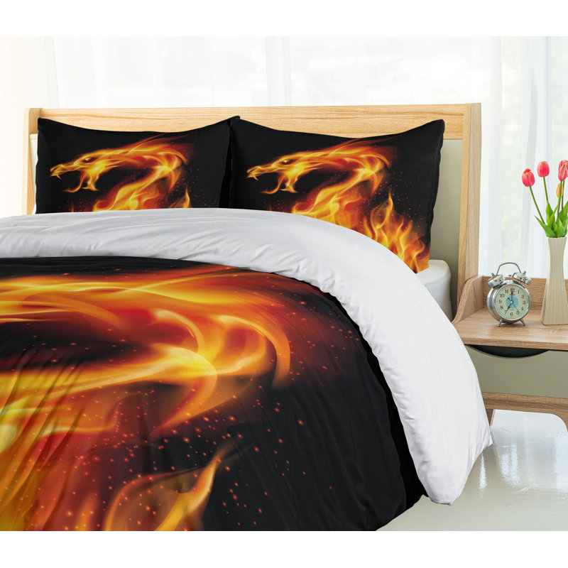 Fiery Dragon Black and Orange Microfiber Queen Duvet Set