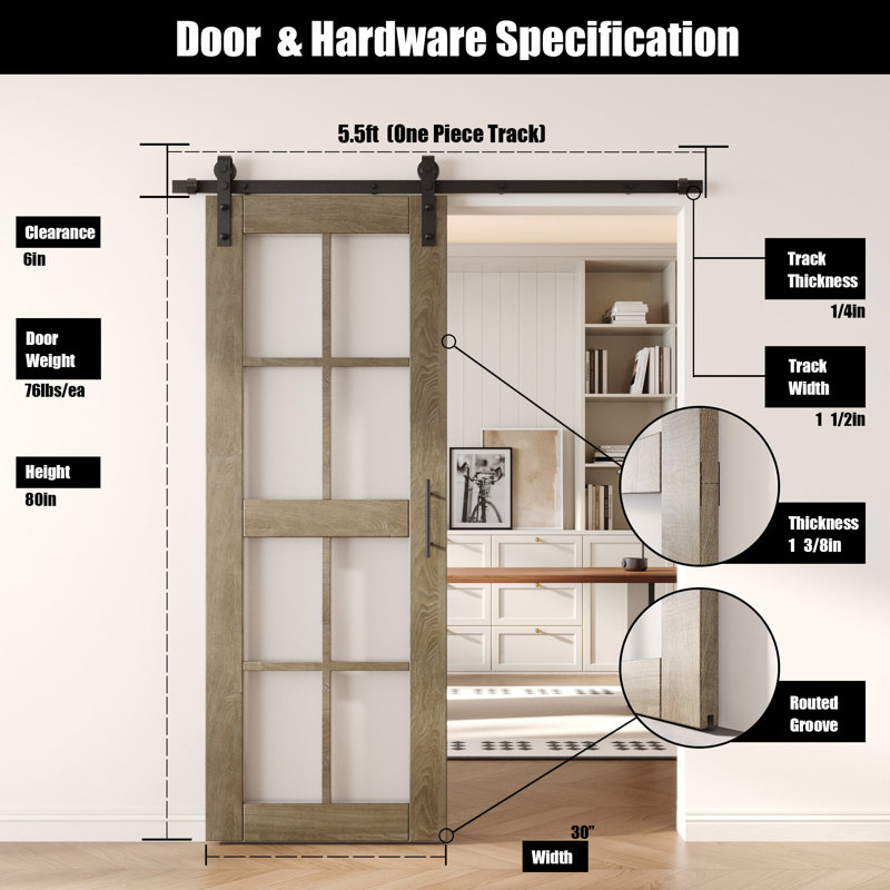 Porte de grange non assemblée et fini en verre de 30 po x 80 po avec ensemble de quincaillerie Homacer Classic 30 po x 80 po Homacer