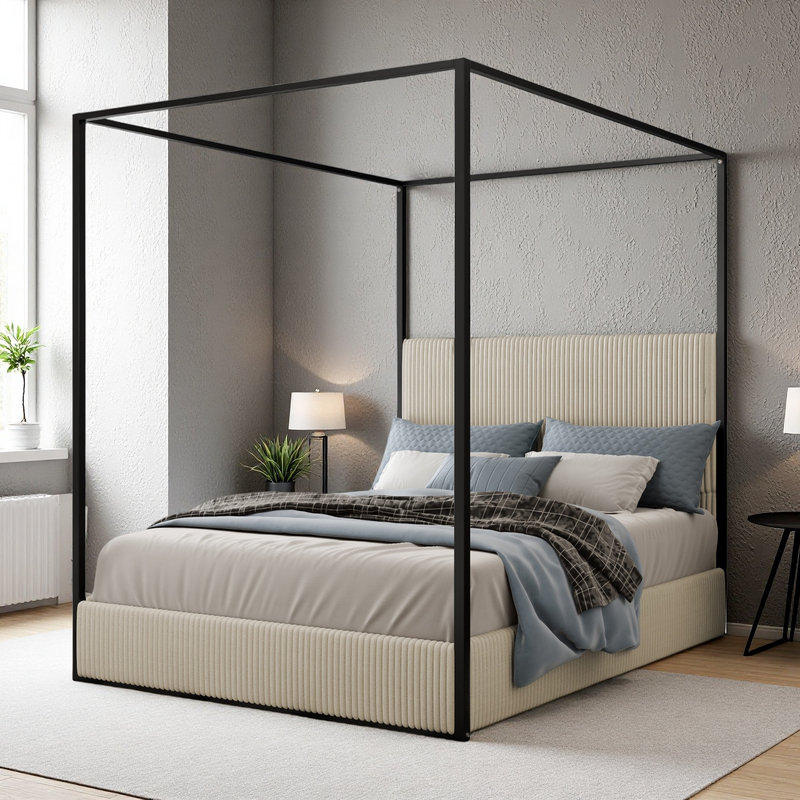 Metal Canopy Bed with Tall Corduroy Upholstered Headboard and Four Poster, Queen, Black