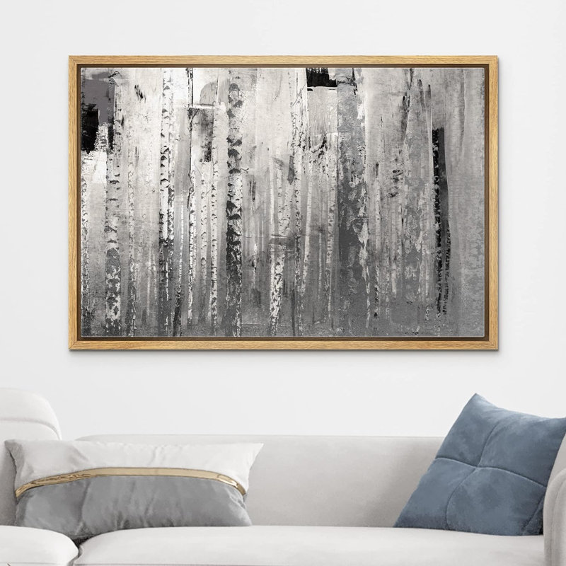 «Aspen Birch», style grunge, bouleau gris, forêt, paysage, technique mixte, rustique sur toile, H 24 po x l 36 po x P 1,5 po