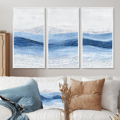 Blue And Grey Coastal Waves  - Coastal Wall Art Living Room Set