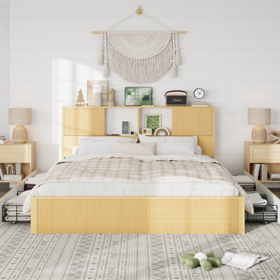 King Size Bed Frames With 4 Storage Drawers & 2-Tier Storage Headboards & Built-In USB Ports & Power Outlets