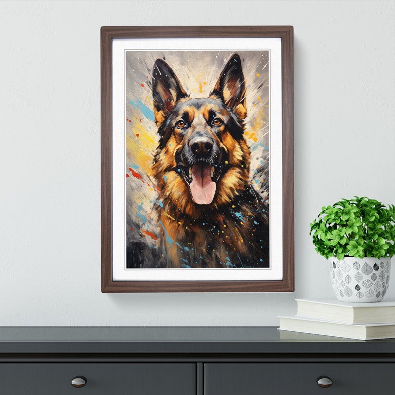 German Shepherd Action Painting - Framed Print, 64cm H x 46cm W, Walnut Framed