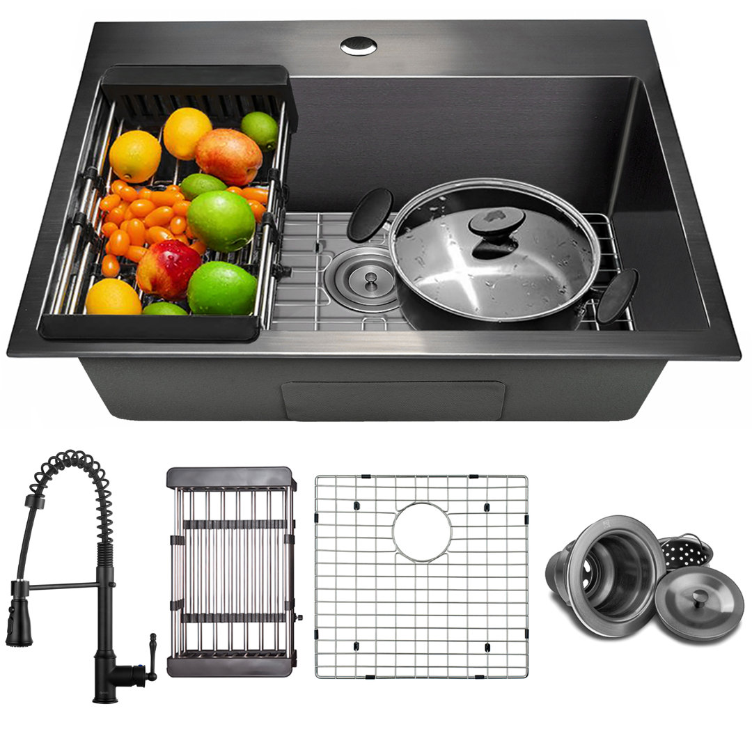 Drop-In 25-in x 22-in Gunmetal Black Stainless Steel Single Bowl 1-Hole Kitchen Sink All-in-one Kit AKDY
