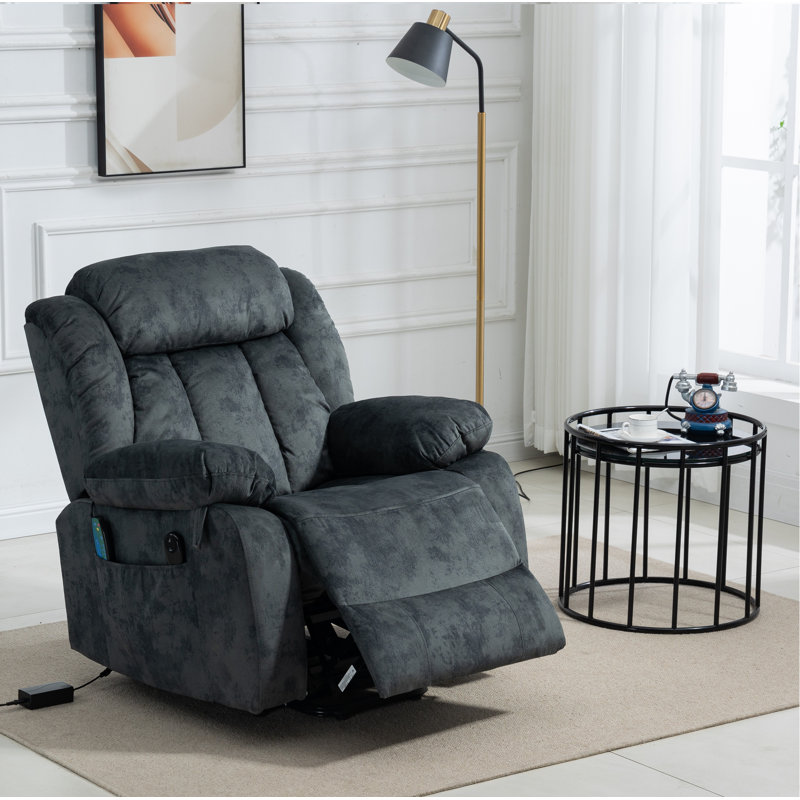 Fauteuil inclinable électrique et chauffant de 37 po de large Emmadell, Microfibre bleu grisâtre