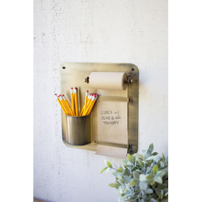 Kalalou Antique Brass Hanging Note Roll with Pencil Cup – 12" H Wall Organizer Set of 2