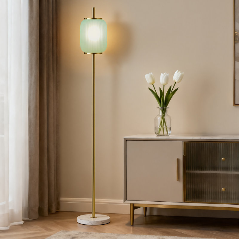64" Modern Brass Floor Lamp With Ribbed Green Glass Shade And Marble Base, Tall Standing Light For Living Room And Bedroom