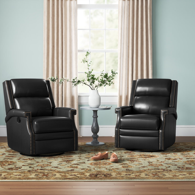 Manning 29.6" Wide Genuine Leather Manual Swivel Rocking Standard Recliner, Black Genuine Leather