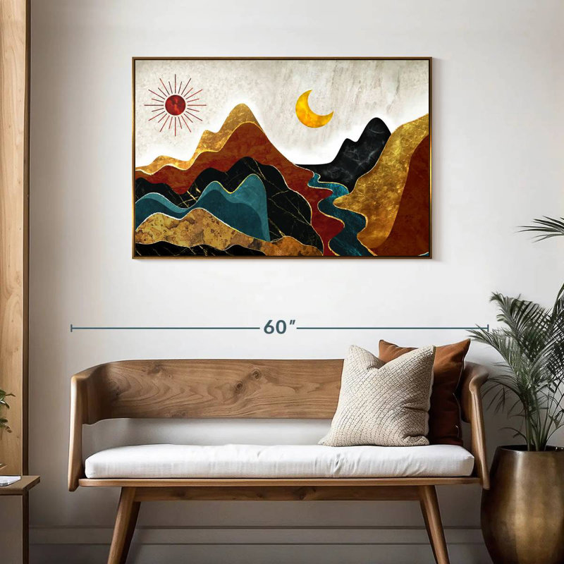 Paysage de montagne texturé abstrait, Cadre flottant doré, 43 po x 29 po