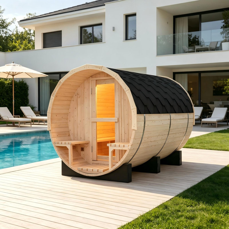 6 Person Outdoor 6KW White Pine Wood Barrel Sauna With Tempered Glass Door And Porch Benches For Backyard Patio
