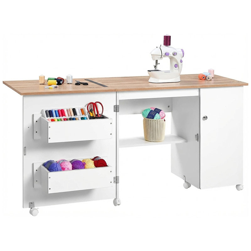Grande table de couture pliante, table de machine à coudre avec tablettes de rangement, bureau d'appoint roulant au design compact