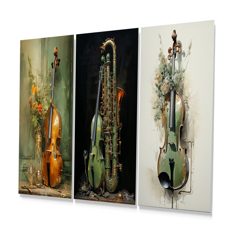 Basson beauté opulente olive - ensemble de 3 impressions de musique en métal, H 32 po x l 48 po