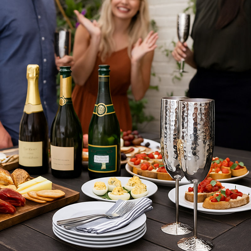 Ensemble de 4 flûtes à champagne incassables en acier inoxydable martelé