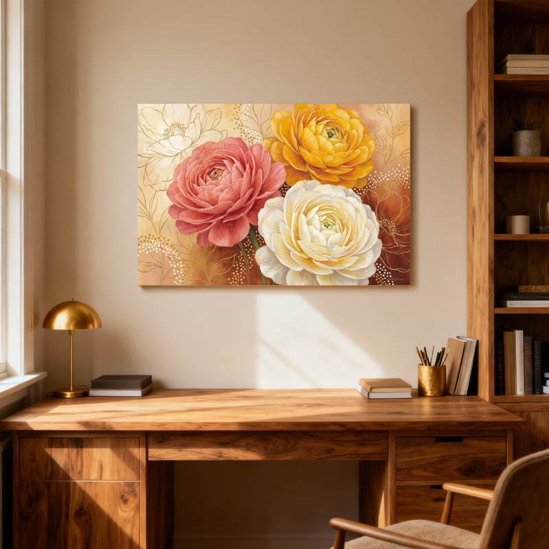 Motif floral de plantes et de fleurs avec des roses jaunes et blanches, H 24 po x l 36 po