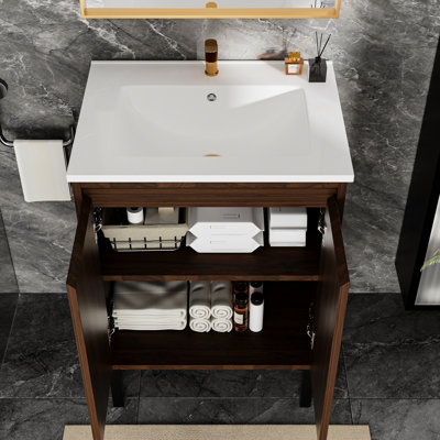 Meuble-lavabo de 24 po avec lavabo blanc, fixation murale ou au sol, portes à fermeture douce, espace de rangement spacieux pour les fournitures flottantes, tiroirs silencieux, grand