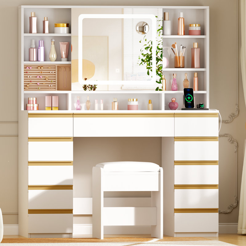 Adriel 43.3" Makeup Vanity Desk With Sliding Mirror & LED Lights, Power Outlet, Detachable Jewelry Box, 11 Drawers