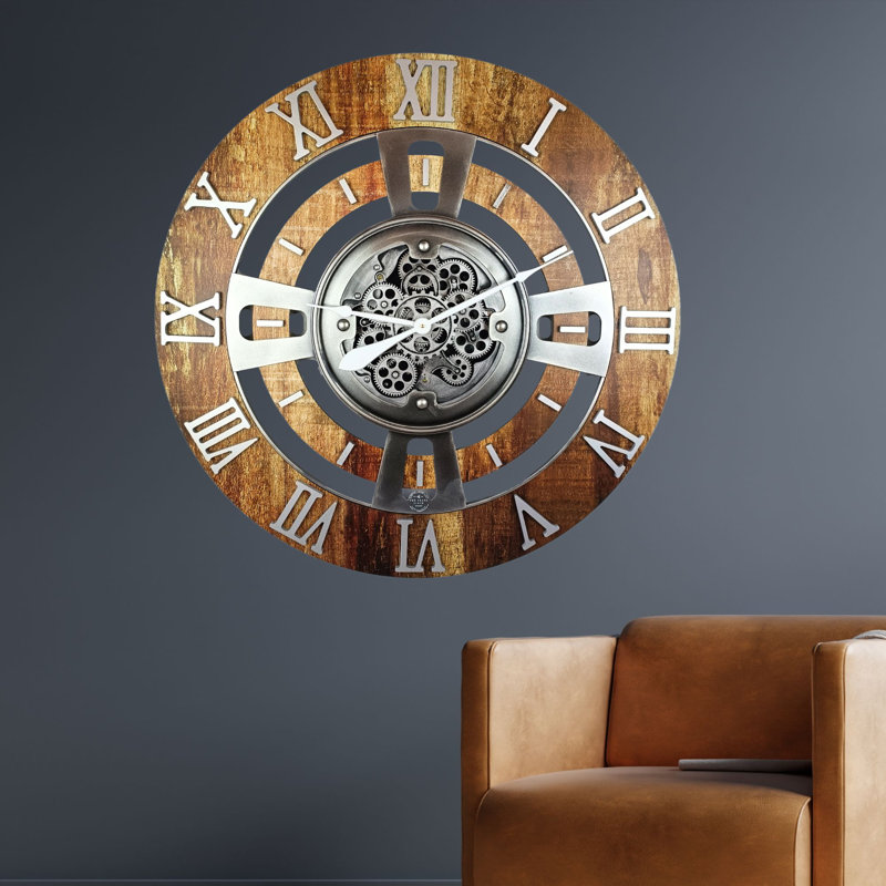 Oversized Vintage Brown Fir Wood Wall Clock with Real Moving Gears