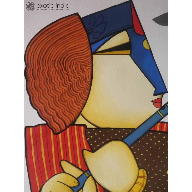 Call of the Flute, peinture acrylique par Arvind Mahajan - Art indien moderne abstrait de 16 po x 12 po pour le salon et l'espace de méditation