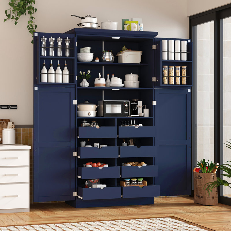 Armoire de rangement autoportante bleue avec 4 portes, 2 tablettes de porte intégrées et 3 tablettes réglables pour une salle à manger profonde de 17,6 pouces et 8 plateaux coulissants d'épicerie