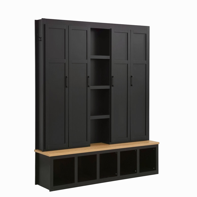 62.9"W Farmhouse 4-In-1 Hall Tree With 6 Hanging Hooks, Mudroom Wood Grain Bench With Open Compartments, Entryway Shoe Cabinet With Seating Bench For Living Room, Hallway
