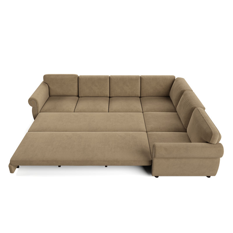 118" Oversize Convertible Sleeper Sofa With Nailhead Trim, Upholstered Sofa Couch With Pull-Out Bed, Camel Chenille