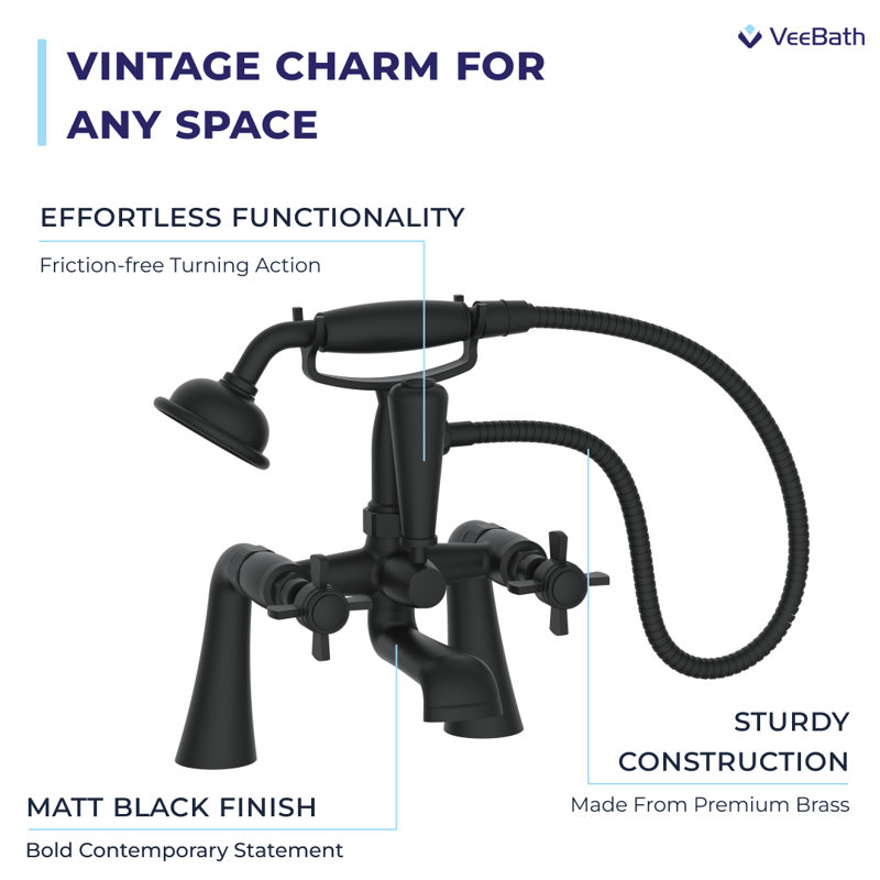 VeeBath Regency Traditional Bath Shower Mixer Tap with Kit, Matte Black