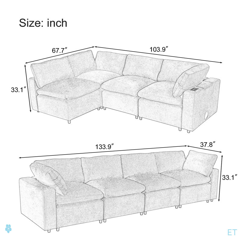 U-Style Upholstered Modular Sofa With  With Storage Space, USB Charge Ports,Wireless Charging And Built-In Bluetooth Speaker In Arm,Sectional Sofa For Living Room Apartment