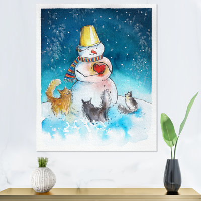 Adorable bonhomme de neige avec petits chats - reproduction d'art sur toile