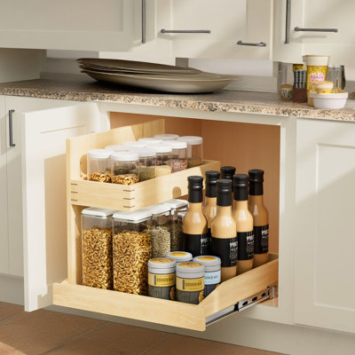 2 Tier Pull Out Cabinet Organizer with Hard Close, Adjustable Storage for Bathroom and Kitchen, Maximize Under Sink Space