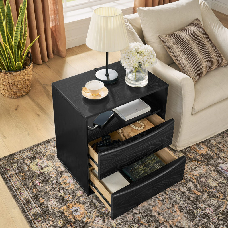 2 Drawer Mid-Century Nightstand, Black