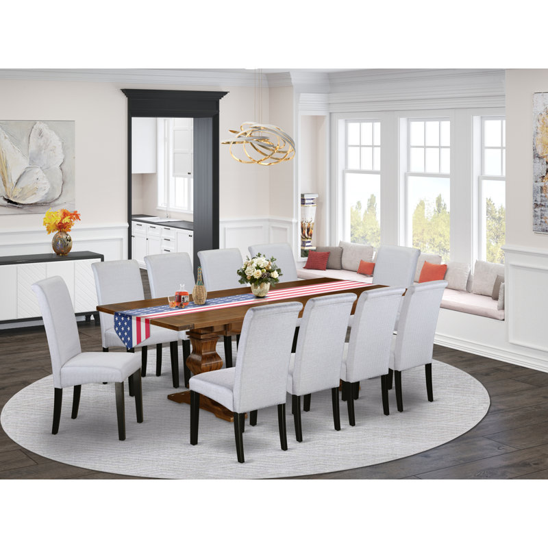 11 Piece Dining Table Set Includes a Rectangle Dining Room Table with Removable Leaf and 10 Grey Linen Fabric Parsons Chairs, Walnut