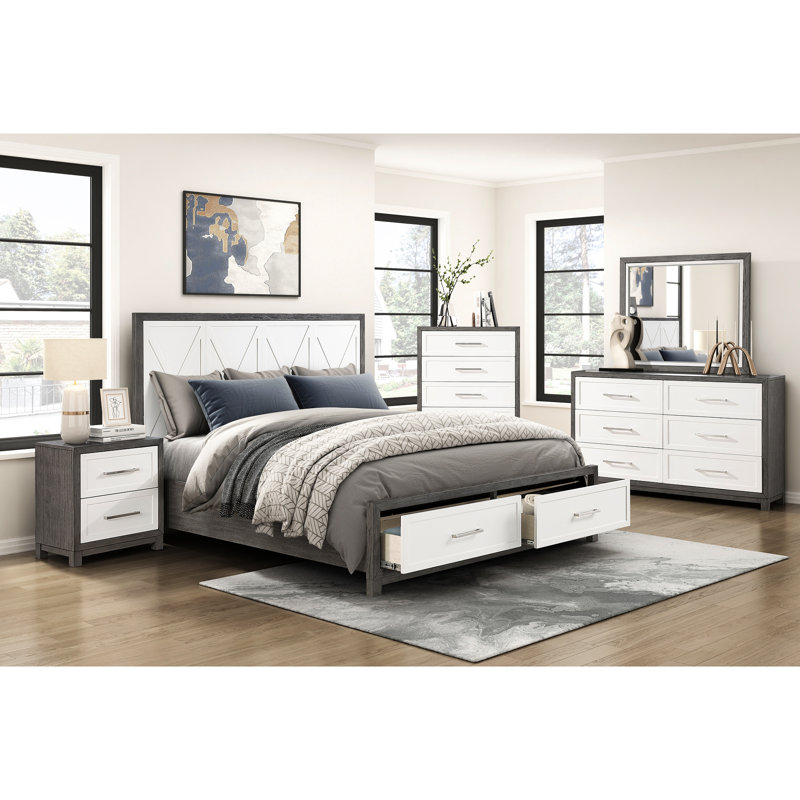 Grand lit avec rangement et plateforme pour chambre grise