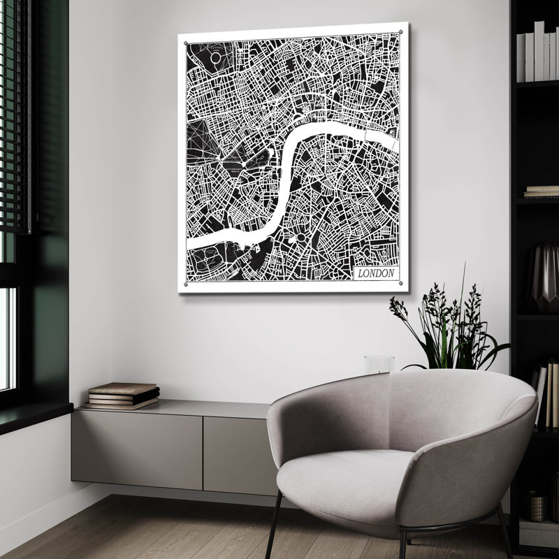 Art mural en verre épique «London Map Black» par Laura Marshall, H 36 po x l 36 po x P 0,2 po