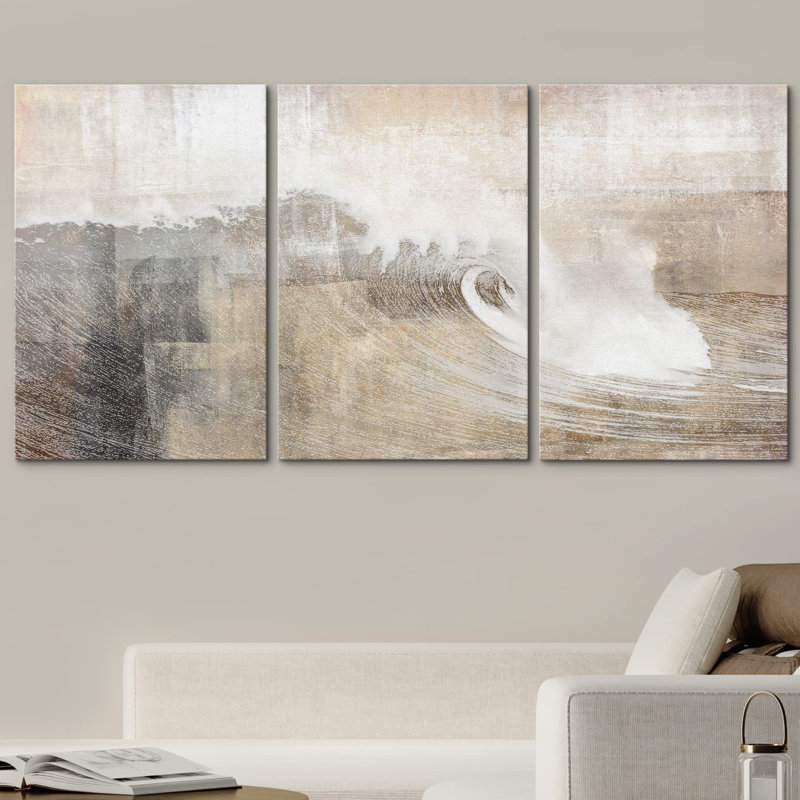 Grunge Abstract Paint Stroke Effect " Gray And Tan Color Block Ocean Wave Overlay Nature Digital Rustic Scenic " 3 - Pieces