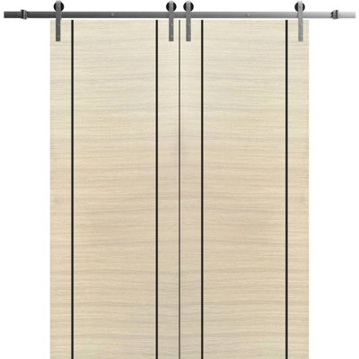 Portes coulissantes doubles de style grange avec quincaillerie Planum 0017, placage naturel, rail de 3,96 m (13 pi), supports robustes, ensemble moderne à panneaux pleins, pour intérieur, hall, chambre ou salle de bain - 91,4 cm x 213,4 cm (2 x 45,7 cm x 213,4 cm) - Rail argenté